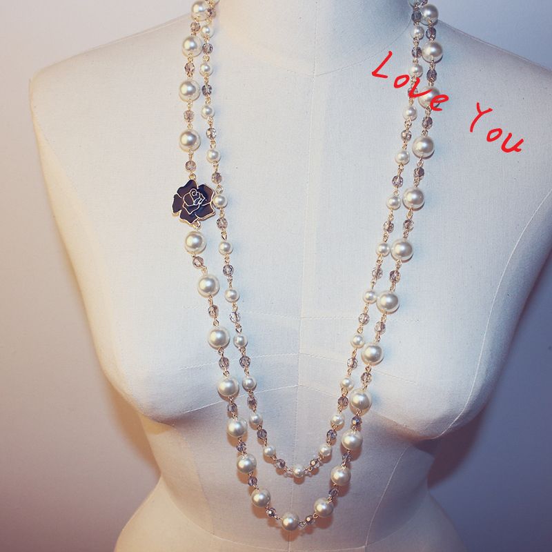 Kristall pärlor halsband hängsmycke för kvinnor blomma charms lång halsband tröja smycken koreansk pearl halsband bröllop part kostym bijoux