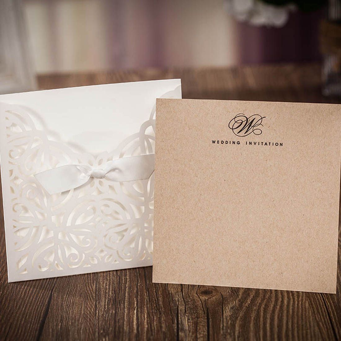 WISHMADE Laser Cut Wedding Invitations Kit with Bow Personalized Invites Cards 