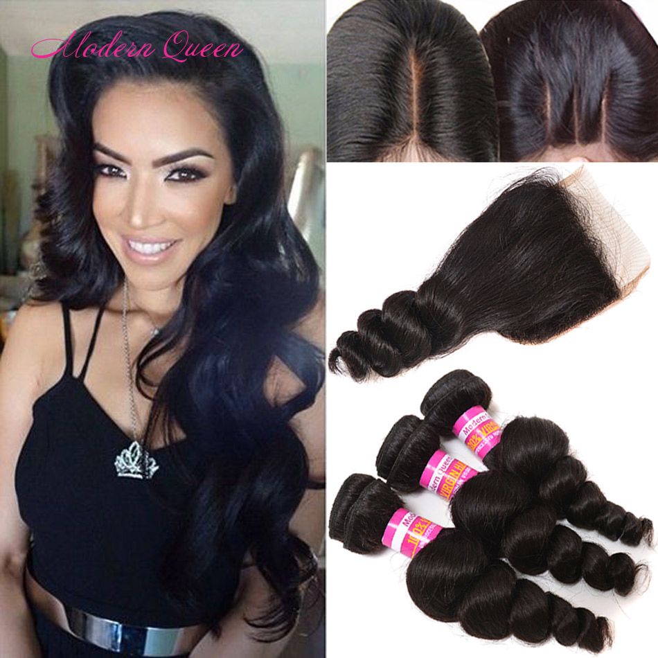 Mongolian Loose Wave Human Hair Weaves 3 Bundles With Lace Closure