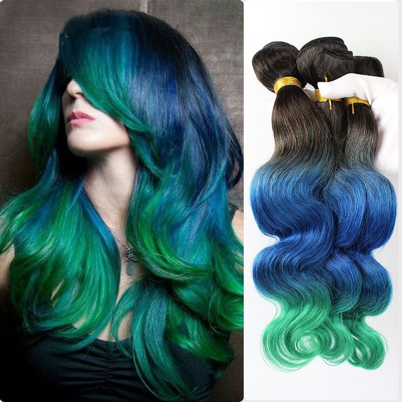 9a Grade Brazilian 1b Blue Green Colorded Hair Extensions 3 Tone