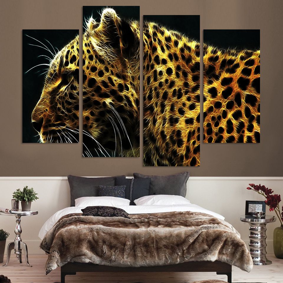 Grosshandel 4 Panel Leopard Bilder Olgemalde Wand Dekor Leinwand Pop Art Cuadros High Definition Drucke Fur Wohnzimmer Kein Rahmen Von Xiaofang8810