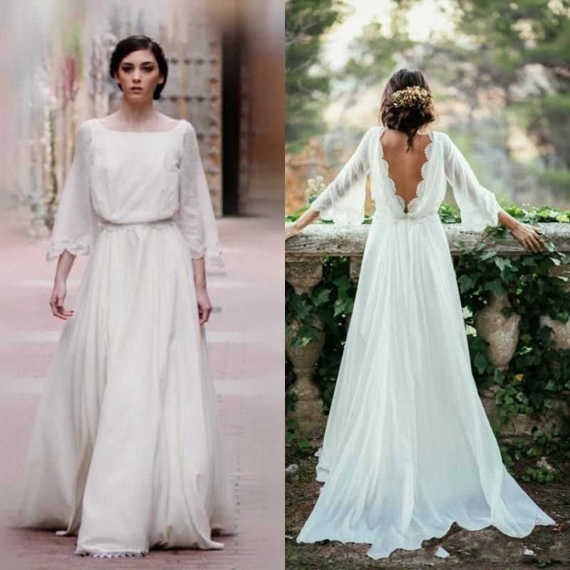 Compra 2017 Una Línea De Vestidos De Novia Sexy Sin Espalda Cuello Escote  Bajo 3/4 Mangas De Campana Fluidos Gasa De Encaje Dobladillo Vestidos De  Boda País Barato | Entrega Rápida Y