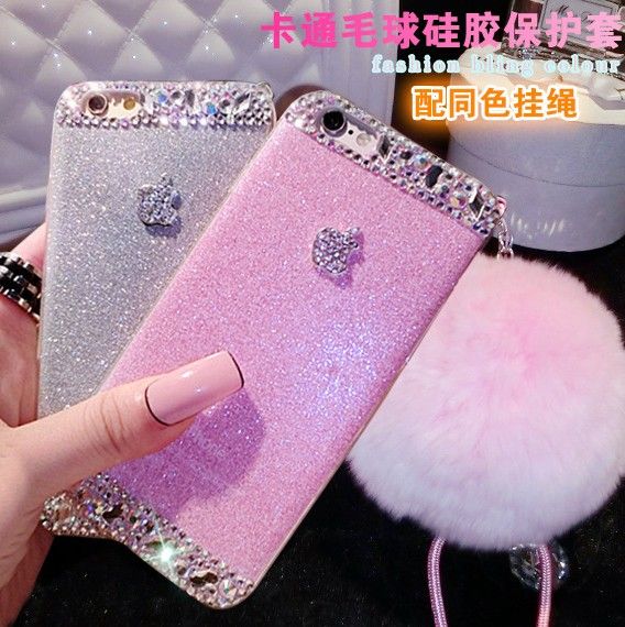 Rex Rabbit Fur Ball Phone Case With Bling Diamonds Decoration