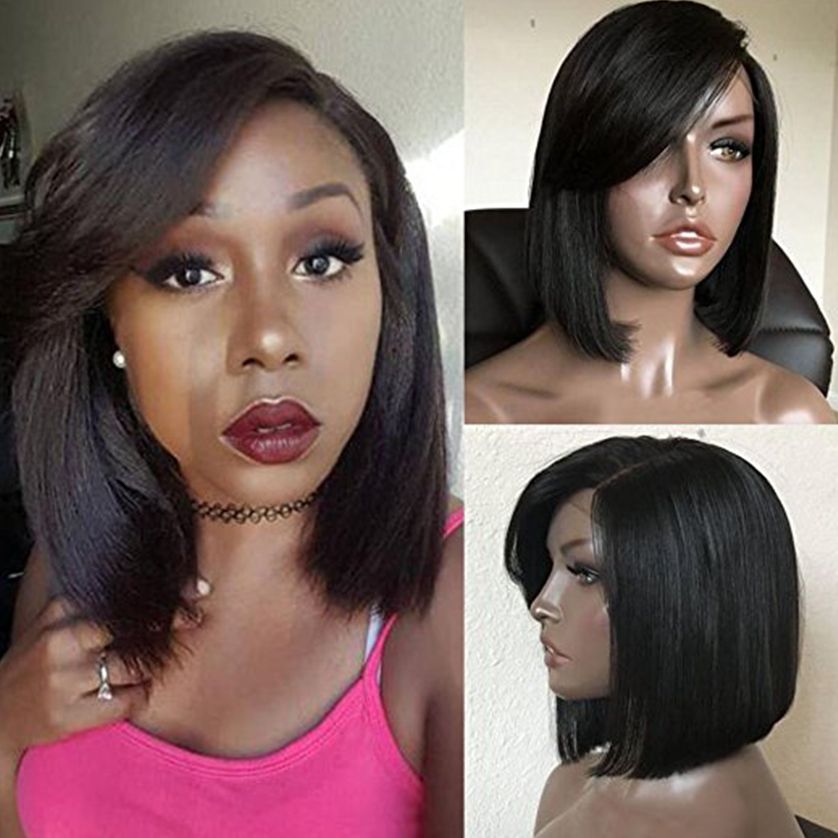 Side Part Sexy Short Bob Full Lace Human Hair Wigs With Bangs 100
