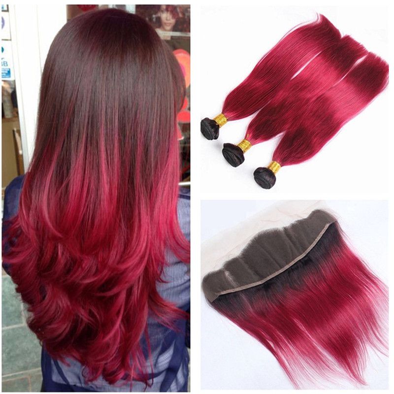 Grosshandel Two Tone Red Human Hair Spinnt Mit Spitze Frontal Schliessung Ombre Bright Red Glattes Haar Bundles Mit Frontal Schliessung 4 Teile Los Von