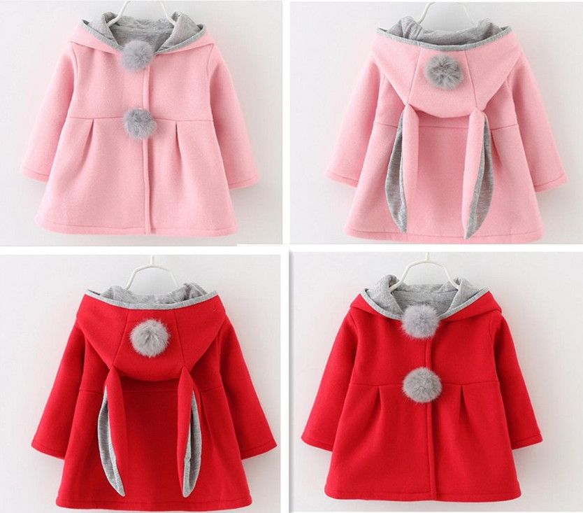 Baby Girls Toddler Kids Jacket Fall Winter Cute Rabbit Ears Hooded Long Sleeve Cotton Coat