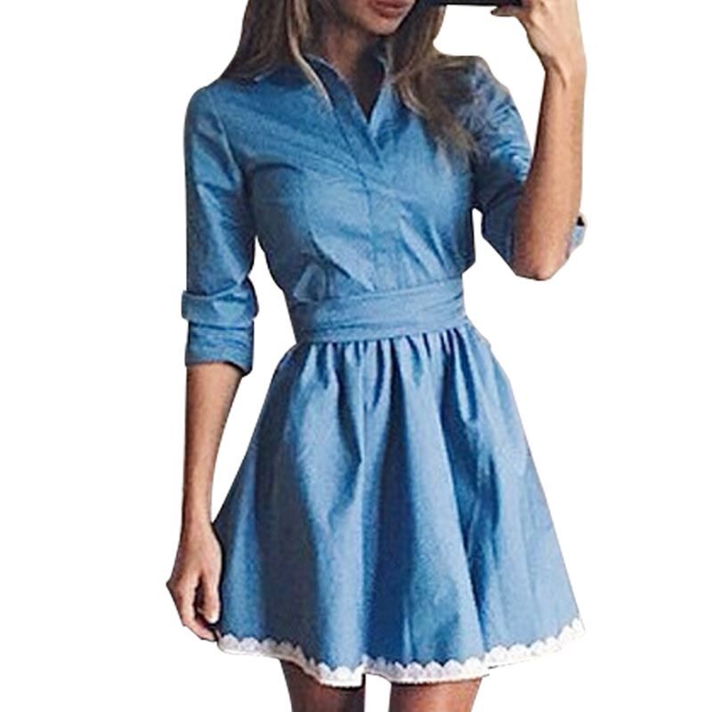 Compra Vestido De Mezclilla Azul De Encaje De Moda Vestido De Mezclilla  2017 Del Partido De Otoño Delgado De Mujer Mini Vestidos Casuales Barato |  Entrega Rápida Y Calidad | Es.Dhgate