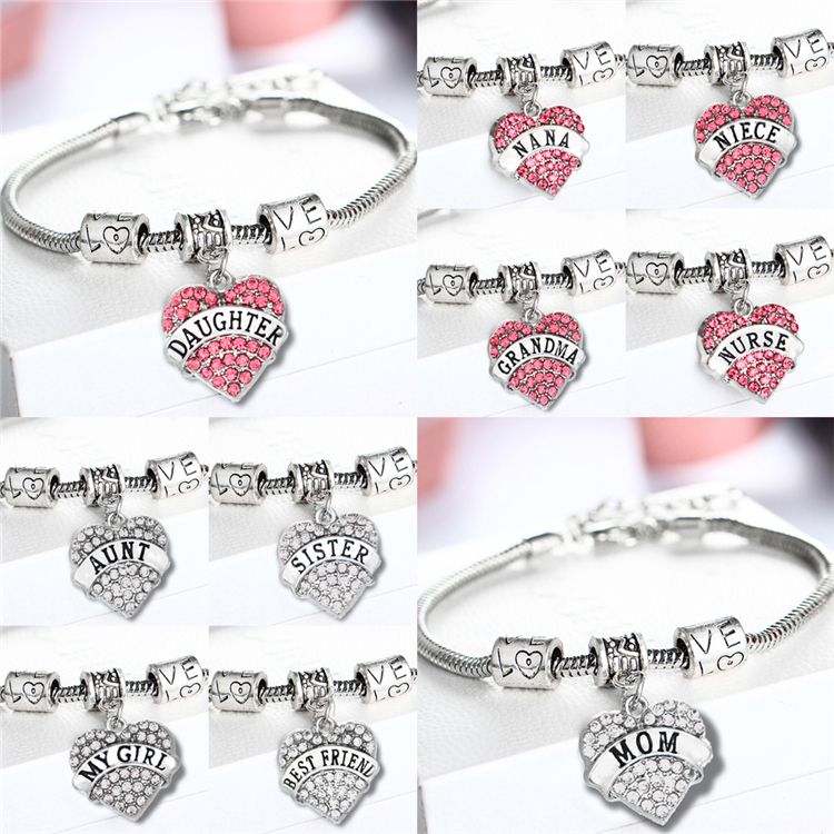 New Crystal Bracelets Diamond love Heart Bracelets family member/ Mom/ Daughter /Grandma /Teacher Believe Faith Hope Charm Bracelets B0347