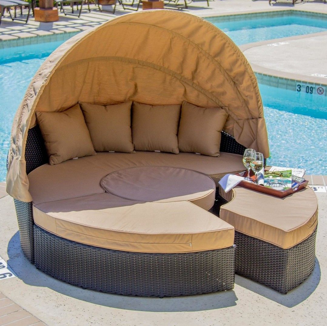 Round Patio Sofa Baci Living Room Outdoor Rattan Wicker Round Bed Lying Patio Sofa Furniture Retractable Canopy Daybed Brown By