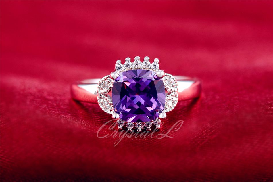 Violet Améthyste Pierre bague de mariage 18KT Or Blanc Rempli CZ Band Taille 8