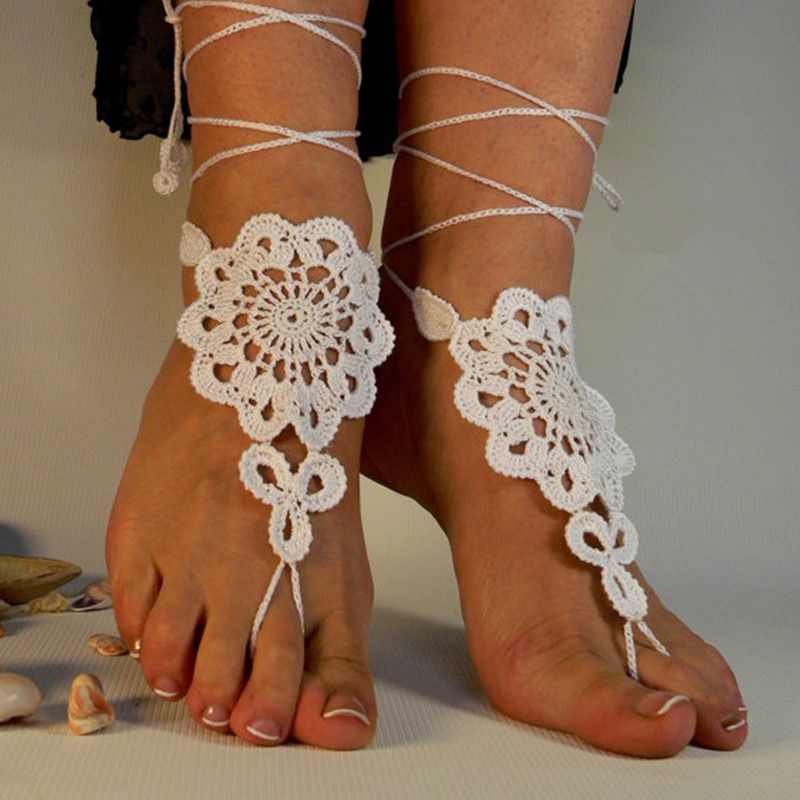 Sandali a piedi nudi Accessori per piedi Scarpe da sposa a piedi nudi Scarpe Calzature donna Sandali Sandali per piedi nudi Rosa Crochet Bare Foot Beach Wear 