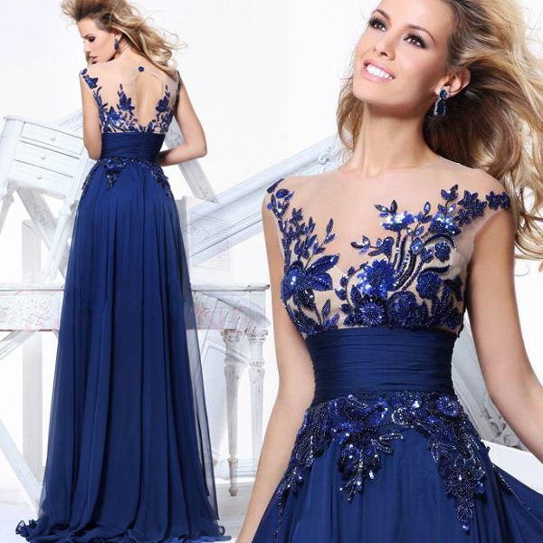 A Line Chiffon Appliques Beading Long Evening Dress Gown Royal Blue ...