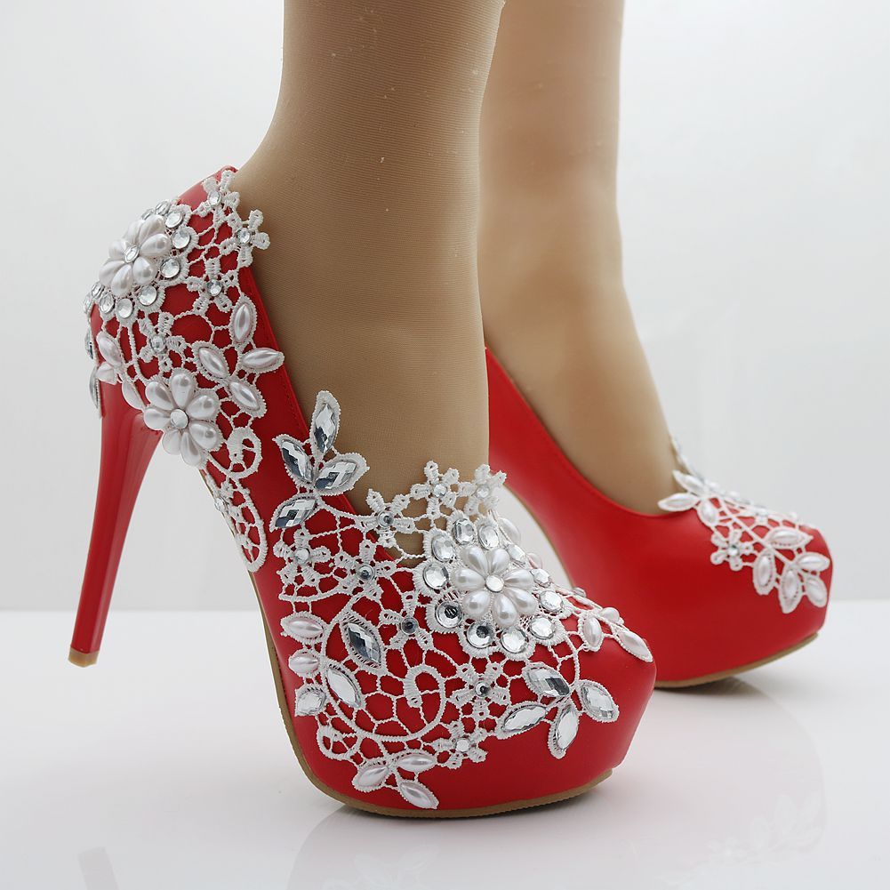 Compre Zapatillas Rojas De Moda Zapatos De Encaje Blanco Tacones