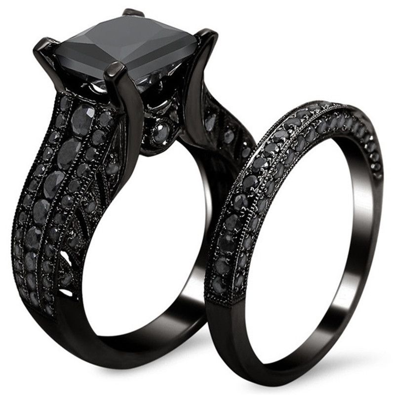 princess cut black zircon bridal set black gold filled solid ring set 2016 top fashion black - Black Wedding Ring Sets princess cut black zircon bridal set black gold filled solid ring set 2016 top fashion black - Black Wedding Ring Sets