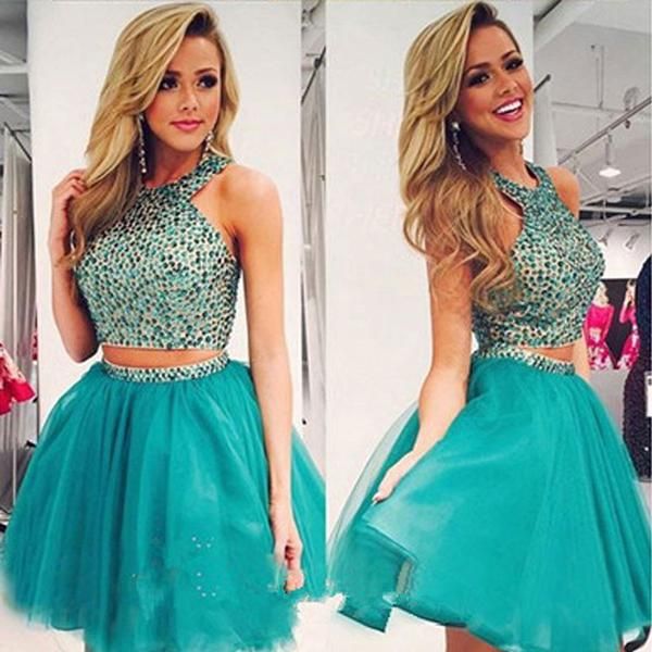 Dos piezas cortas vestidos de fiesta de tul con cuentas de tul a línea elegantes vestidos Dos piezas cortas vestidos de fiesta de tul con cuentas de tul a línea elegantes vestidos