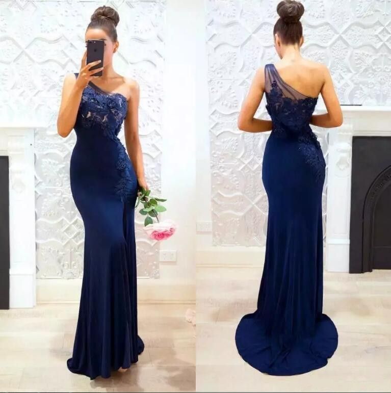 one shoulder navy bridesmaid dress