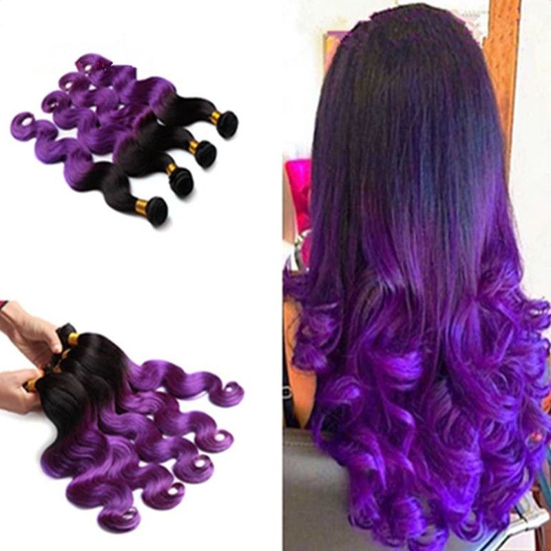 Purple Ombre Two Tone Color Peruvian Hair Weave Extensions Body