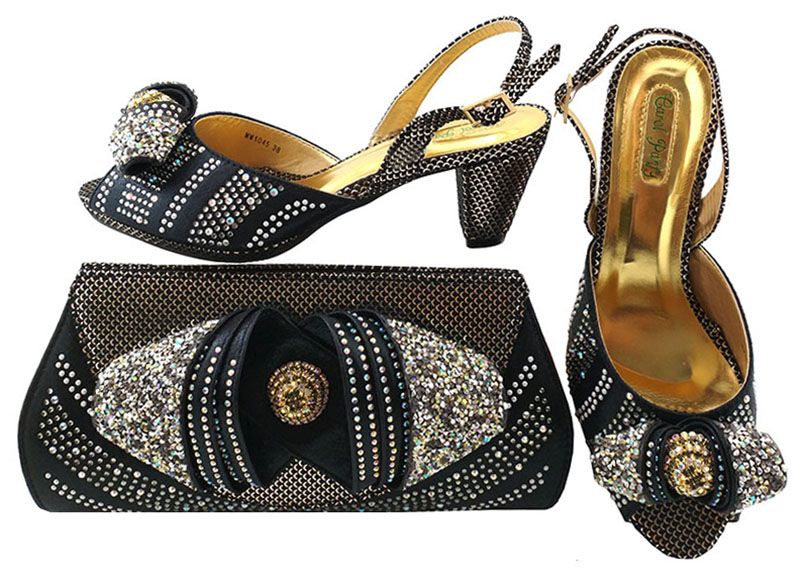 Hot Sale Black Kitten Heel Shoes Match Bags With Rhinestones Series