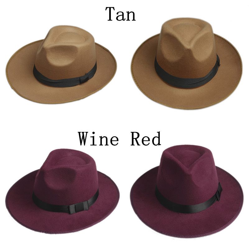  Vintage Men Women Hard Felt Hat Wide Brim Fedora Trilby Panama Hat Gangster Cap  