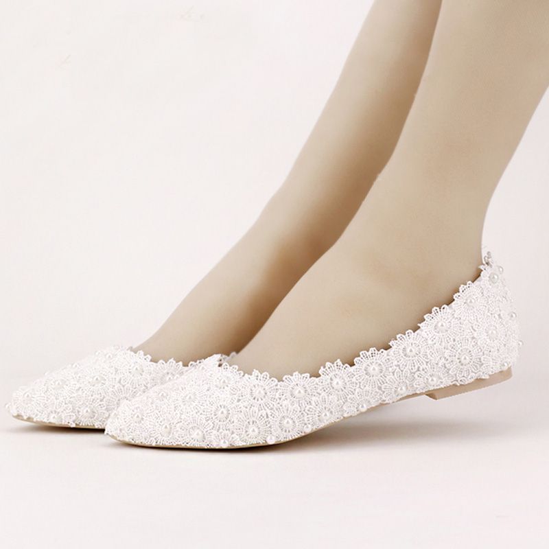 Flat Heels Pearl And Lace Flower Bridal Shoes Pointed Toe Wedding