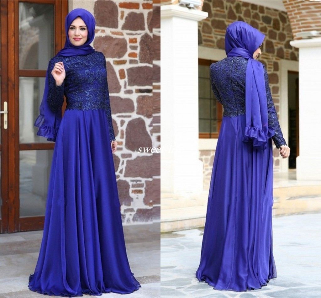 Acheter 2020 Robes De Soiree Musulmanes Turques Hijab Manches Longues En Dentelle Chiffon Longueur De Plancher Royal Bleu Mere De La Robe De Mariee Robes De Soiree De 99 01 Du Sweet