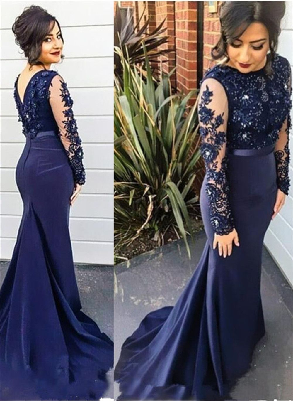 Compra Delicados Apliques De Encaje Rebordear Vestido De Fiesta Sirena  Manga Larga De Manga Larga Vestido De Fiesta Formal Azul Oscuro Vestidos  Elegantes Barato | Entrega Rápida Y Calidad | Es.Dhgate