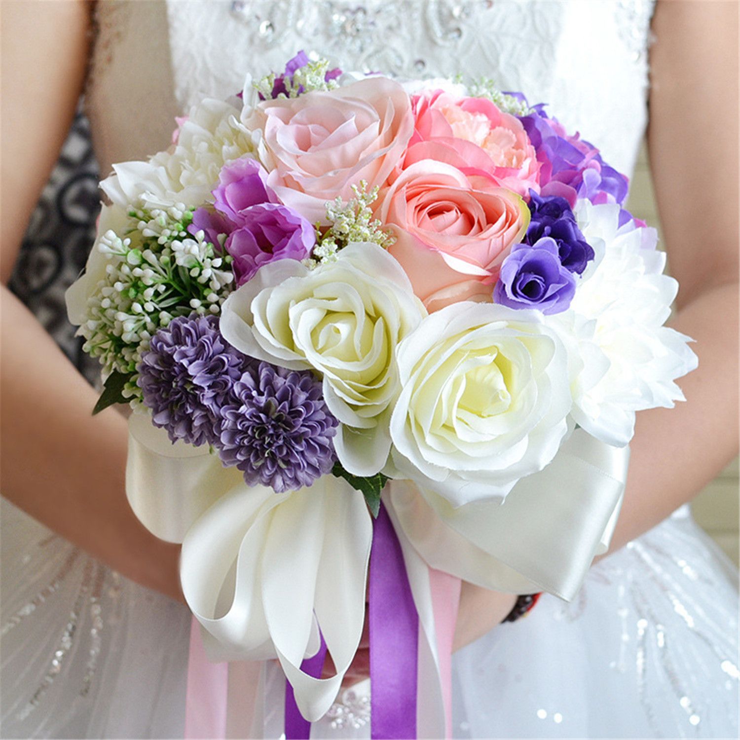 Wf050pp Pink Purple Beach Wedding Bouquet Boho Silk Flowers