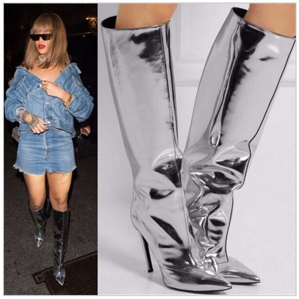 silver metallic thigh high boots