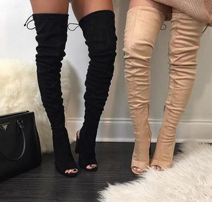 Open Toe Lace Up Over Knee High Boots 