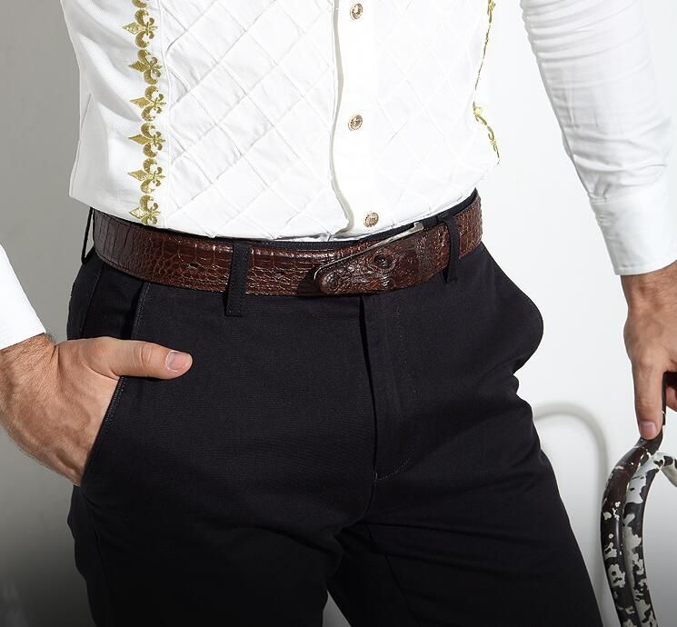 Mens crocodile pattern V-shaped leather business casual belt