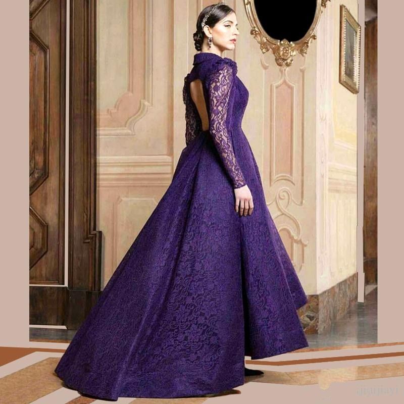 purple long sleeve evening gown