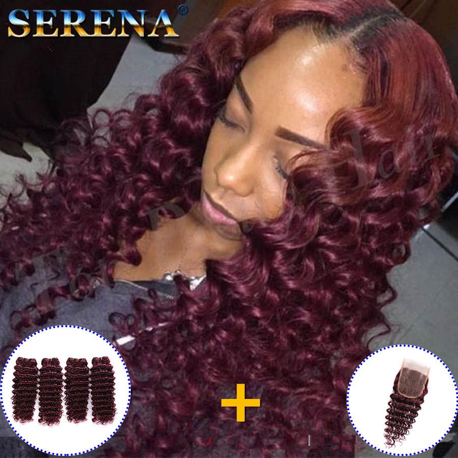2020 Wine Red Deep Wave Hair Bundles With Lace Closure Free Middle