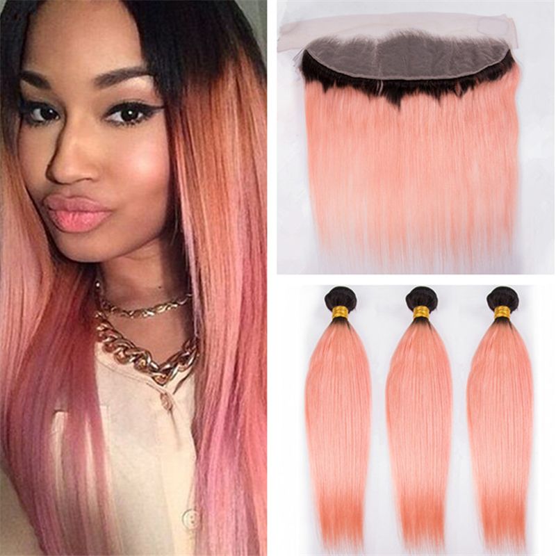 Grosshandel Dunkle Wurzeln Rose Gold Ombre Lace Frontal Mit Haarbundeln 2 Tone 1b Pink Ombre Glattes Haar Spinnt Mit Lace Frontal Von Dh Hair1 204 63