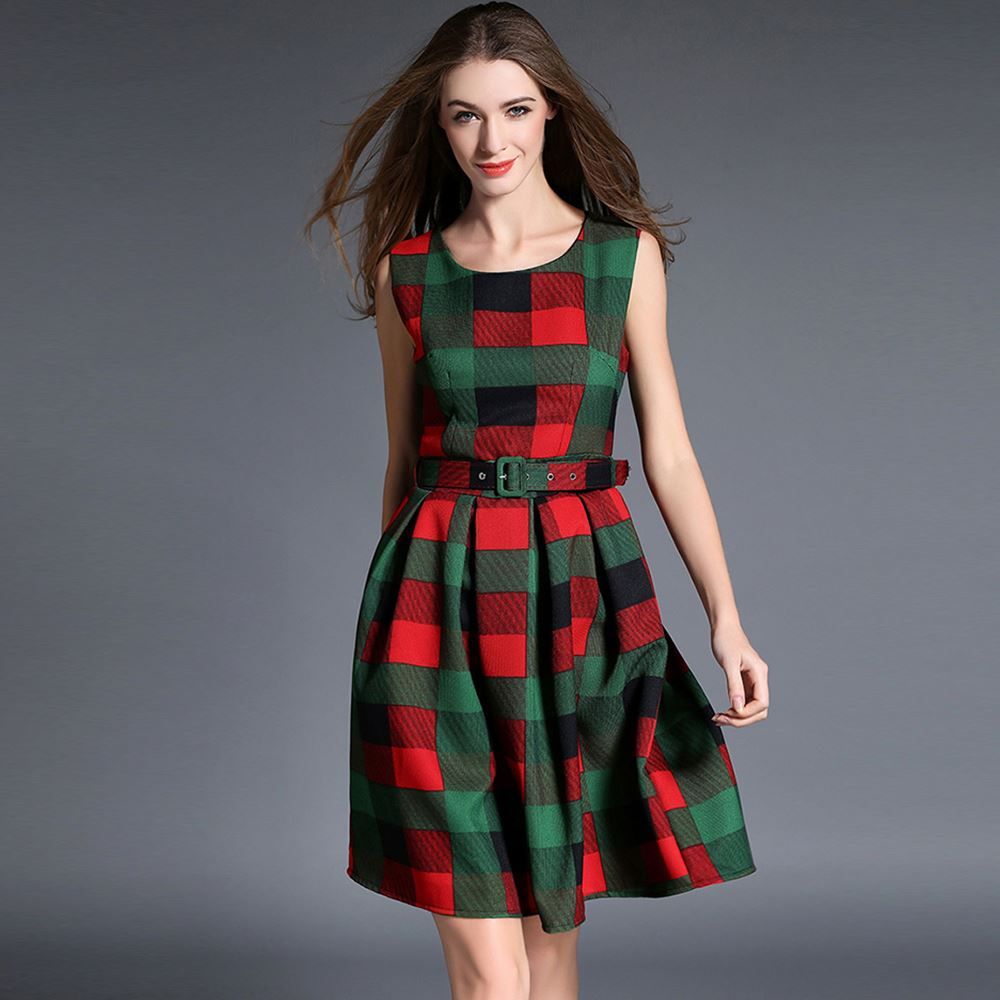 Vestido Rojo Y Verde A Cuadros De La Vendimia De La Tela Escocesa Mujer Sin Mangas Midi Femme Robe Con Cinturón De Vestidos Feminino 31,67 € | DHgate