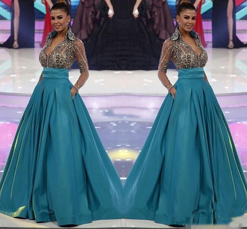 V Neck Beading Evening Pageant Dress 
