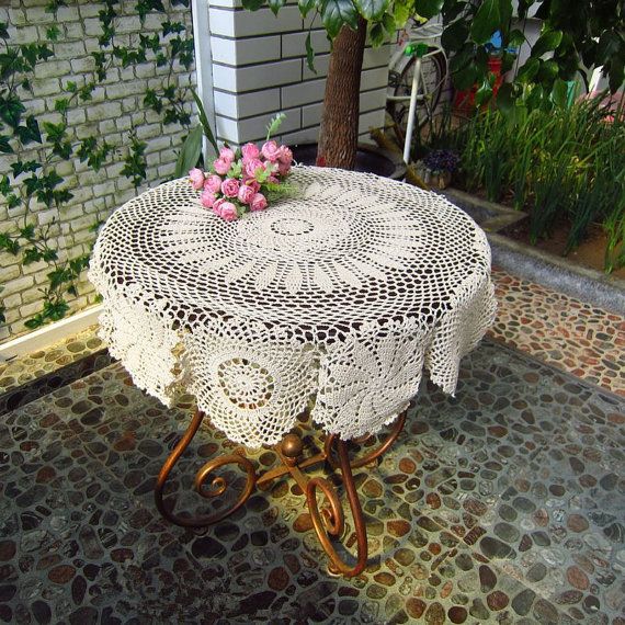 Handmade 90 Cm Round Table Cloth, Vintage Round Tablecloth