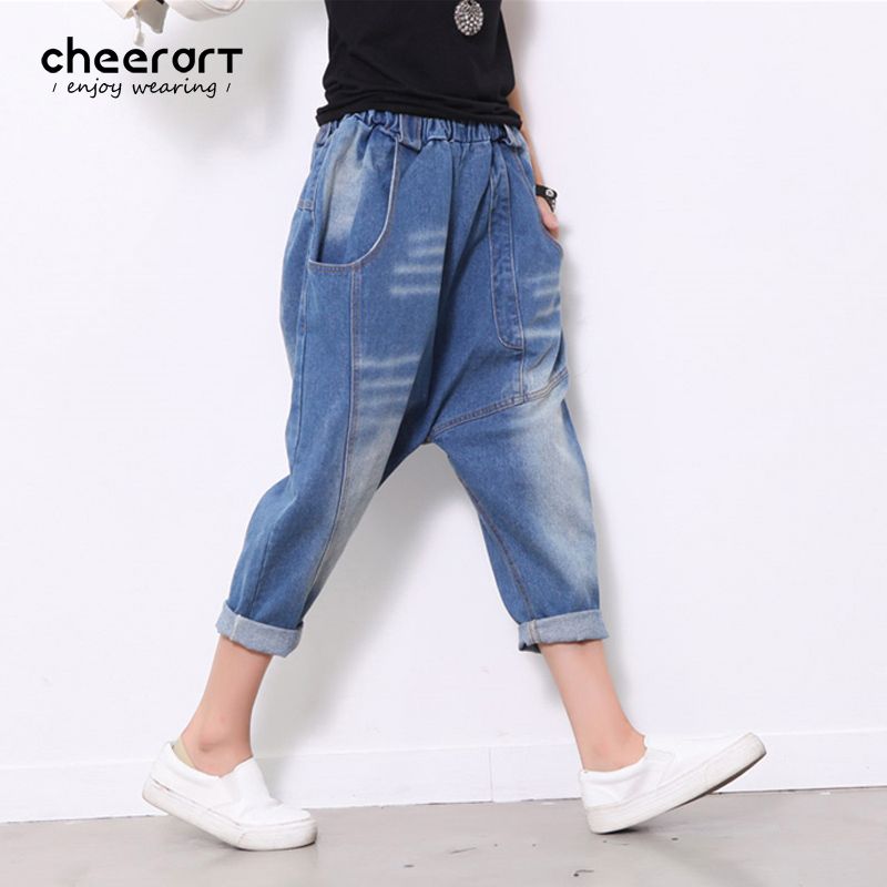 Buy Cheap Womens Jeans In Bulk From China Dropshipping Suppliers Wholesale Summer Baggy Jeans Women Plus Size Blue Loose Calf Length Elastic Waist Bleach Denim Jeans Femme Pants Streetwear Online At A