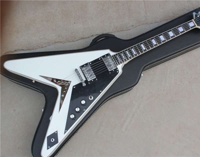 Flying V Shape Electric Guitar With White Body,Black Pickguard And