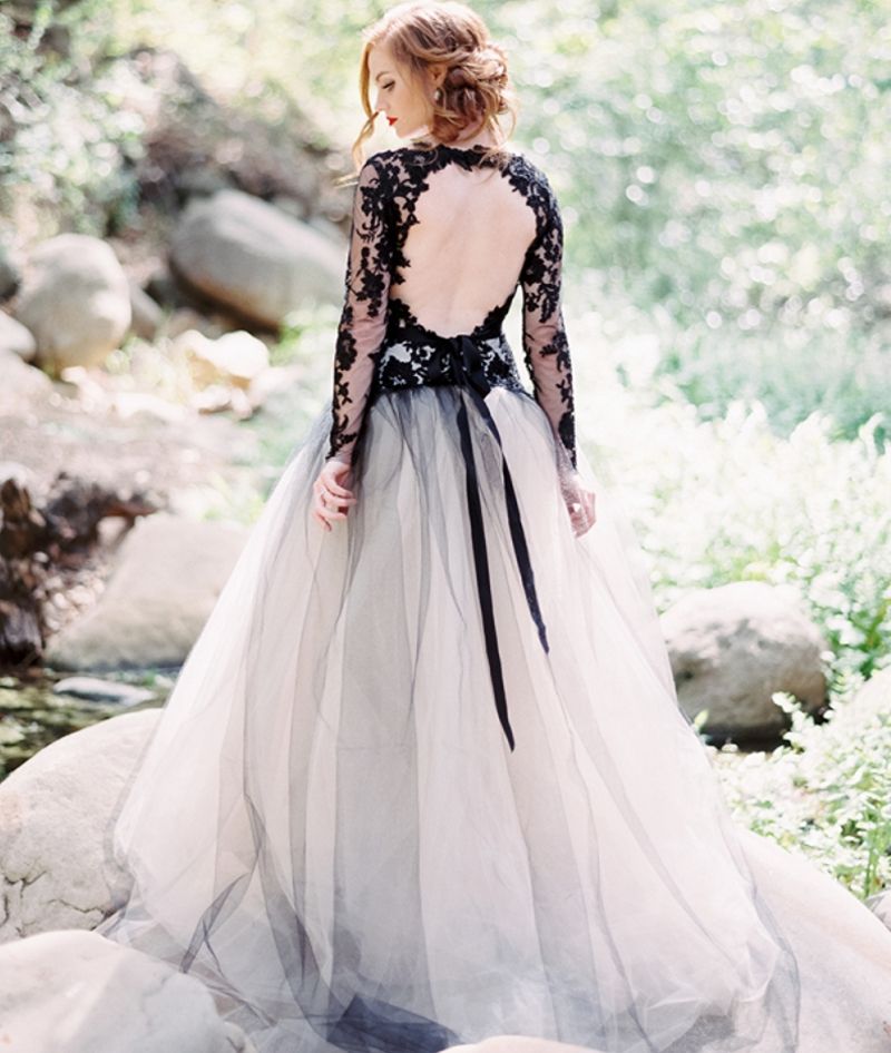 black and white long sleeve wedding dresses