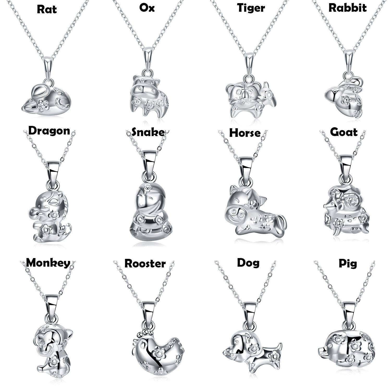 Wholesale Solid Silvery Exquisite 12 Chinese Zodiac Pendant Necklace