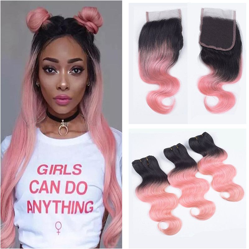 2021 Pink Human Hair Weaves With Lace Closure 4*4 Bleached Knots With ...