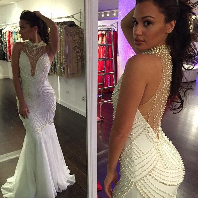 Mermaid White Beaded Sparkly Chiffon Evening Party Celebrity Dress Prom Gown