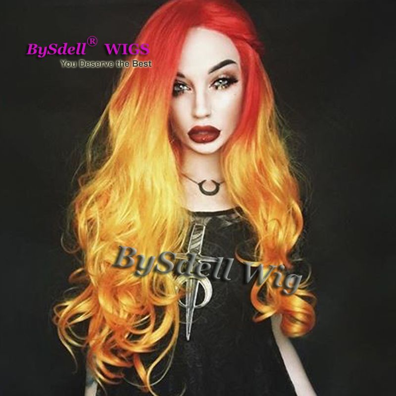 Acquista Parrucca Di Capelli Colorati Capelli Mossi Sintetici Onda Sciolti Ombre Capelli Di Colore Rosso Scuro A Giallo Parrucca Anteriore Del Merletto Drag Queen Parrucche Del Partito Di Cosplay A 37 55