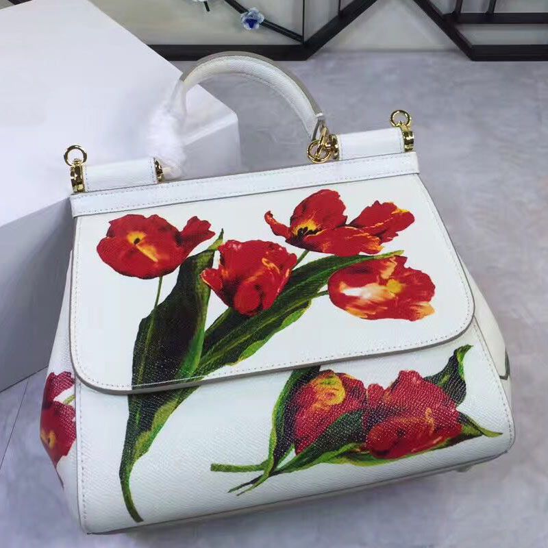 Italian Designer Women Genuine Leather Flowers Leaves Printing 25cm