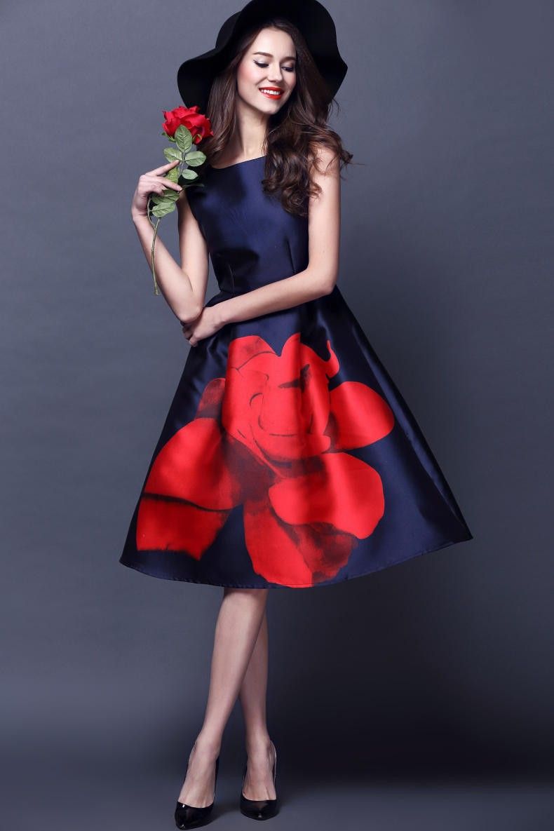 navy blue dress with red flowers