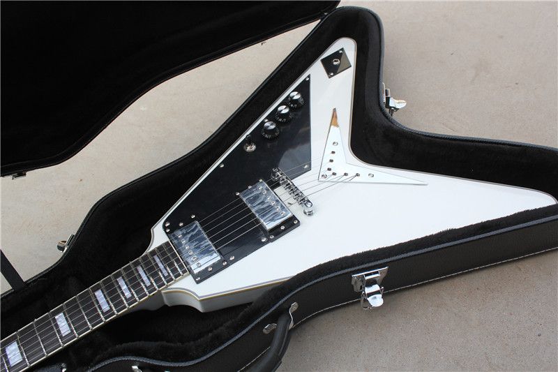 Flying V Shape Electric Guitar With White Body,Black Pickguard And