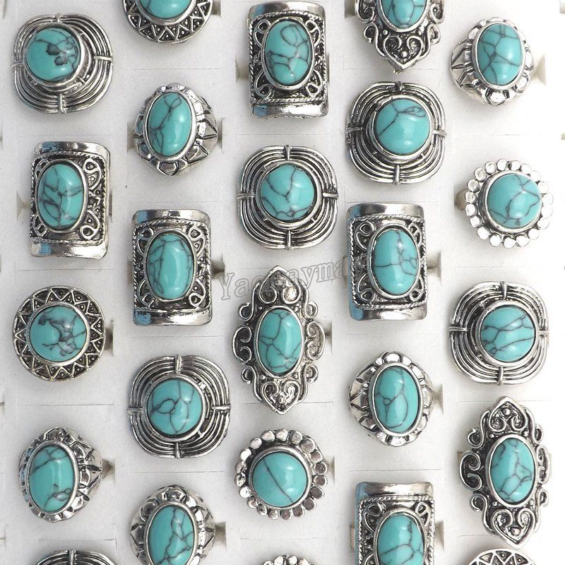 50pcs Mix Vintage Jewelry Antique Silver Stone Rings for Men Women Wholesale
