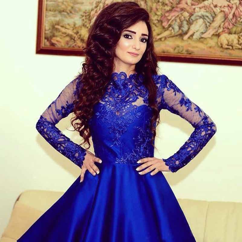 Compre Manga Larga Royal Blue Vestidos De Fiesta Cortos Vestido De Fiesta De  Cóctel Con Encaje Transparente Aplique Con Cuello Alto Vestidos Largos  Hasta La Rodilla Para Graduación A 143,7 € Del