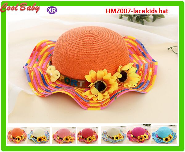 Moda crochet Nuevo para niños Sombrero de paja Flores para niñas para el sol Gran Color aire libre Girasol Amarillo 7 colores Para elegir Cabeza alrededor de 52 cm HMZ007
