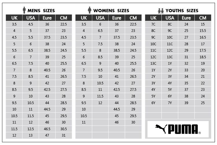 puma child size chart shoes